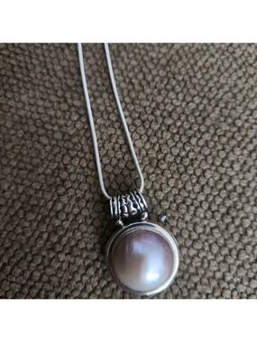 White Mabe Pearl Pendant Set in a Sterling Silver 2-Sided 3D Scroll Frame